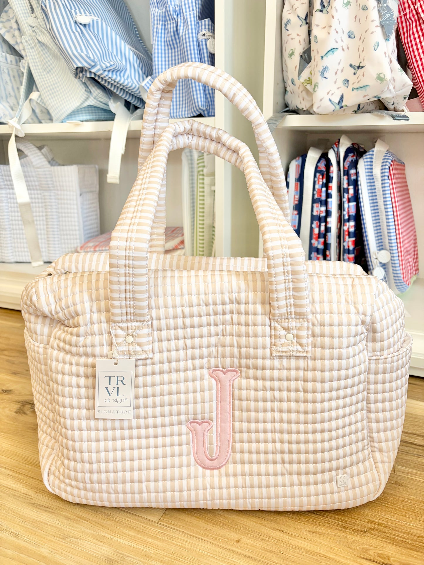 TRVL Pimlico Sand Stripe Quilted Stroller Bag with Single Initial
