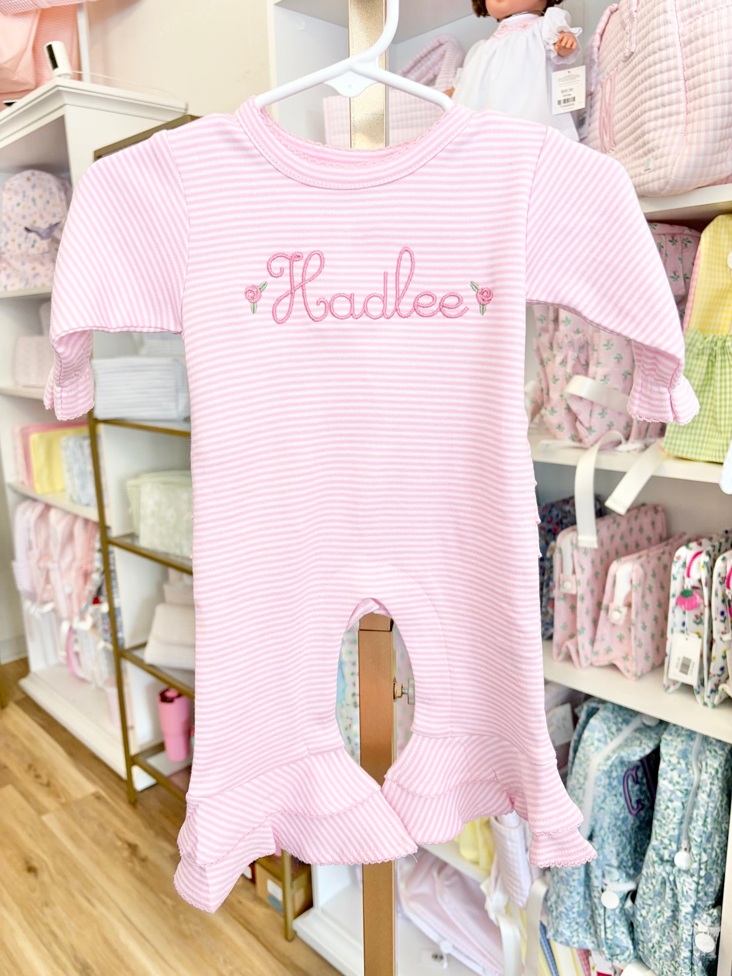 Pink Stripe Ruffle Booty Romper - Rose Name
