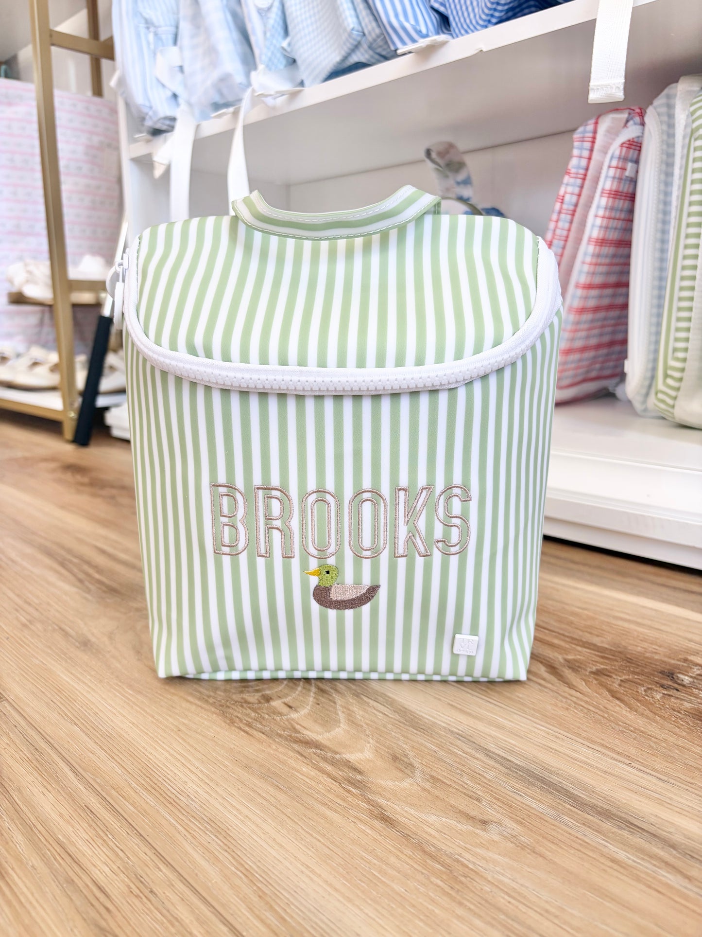 TRVL Sage Stripe Insulated Take Away Bag - Miller Font Name with Mini Duck