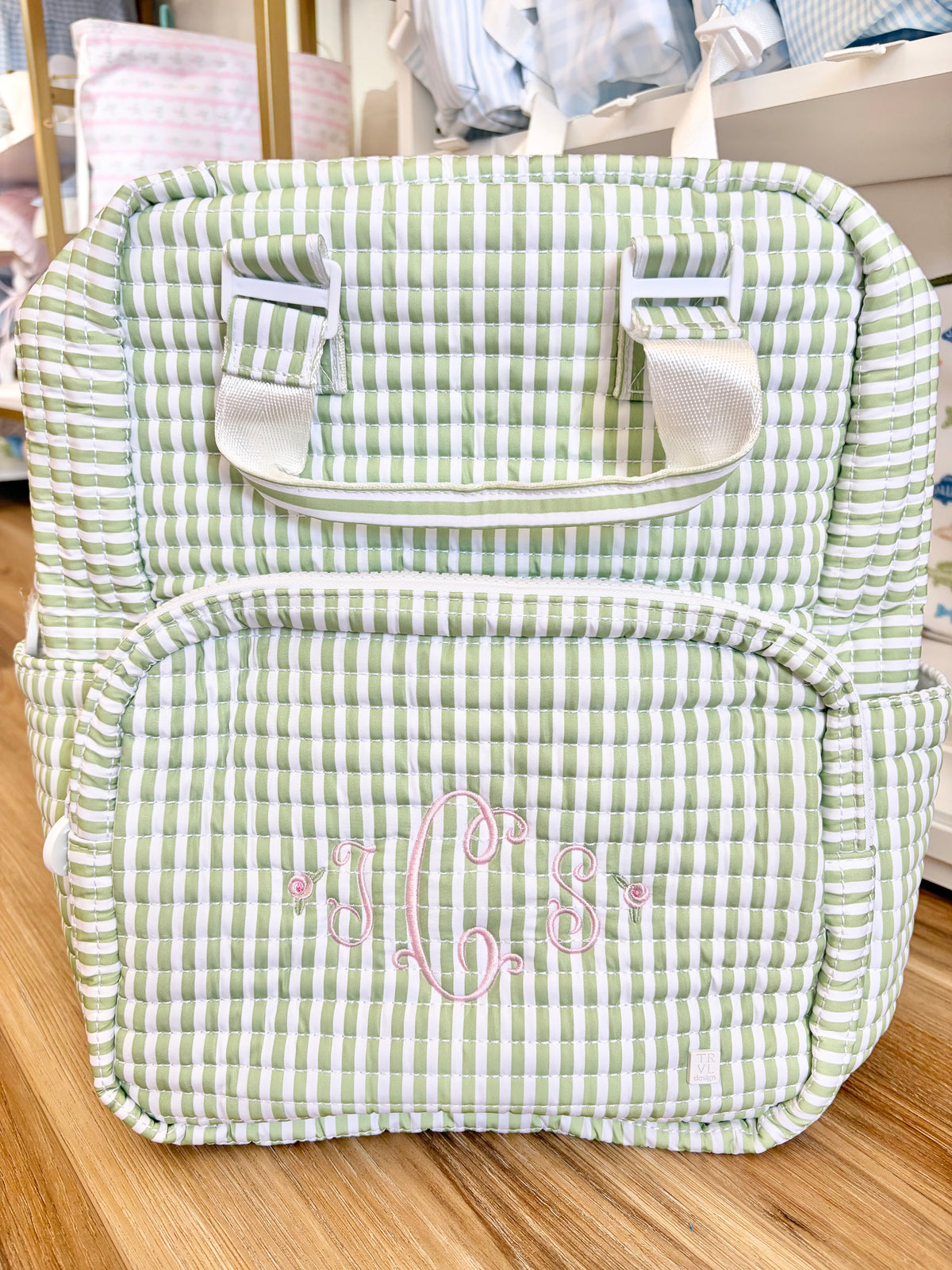 TRVL Sage Stripe Quilted All You Need Bag with Rose Initials