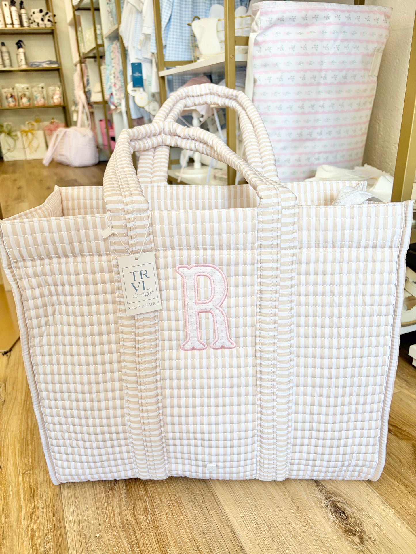 TRVL Sand Stripe Quilted Tote with Single Initial Applique