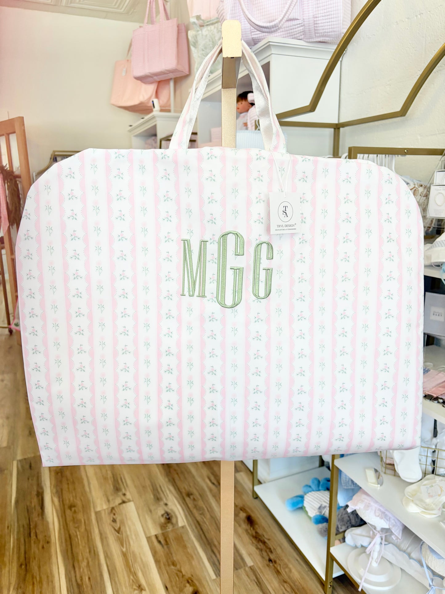 TRVL Pink Ribbon Floral Garment Bag with 3 Initials