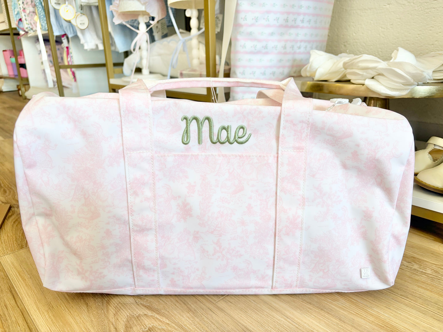 TRVL Pink Bunny Toile Weekender Duffle with Single Name