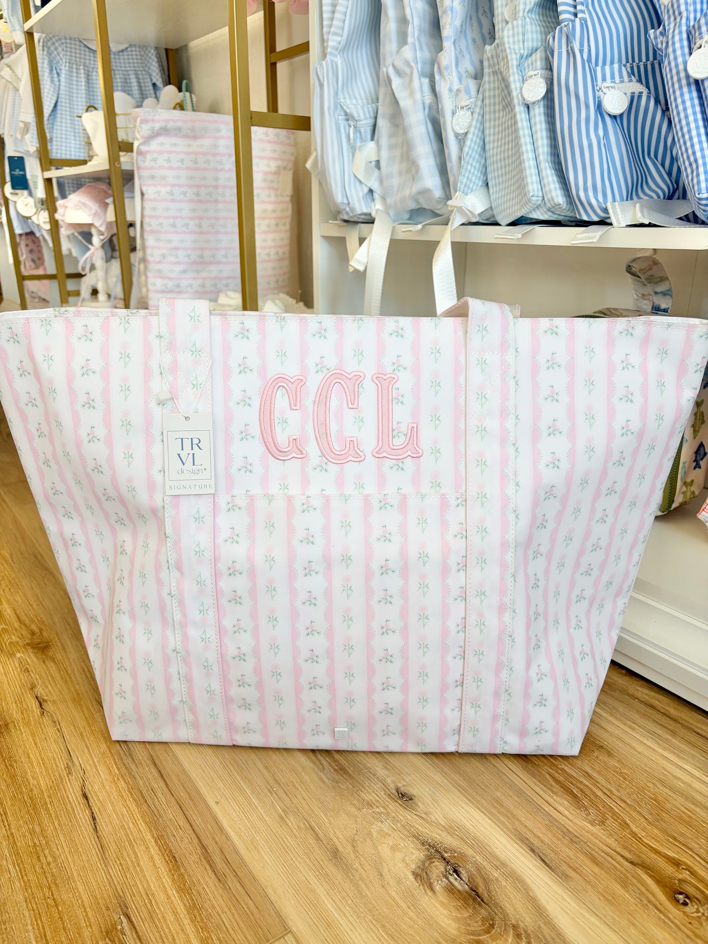TRVL Pink Ribbon Floral XL Tote with 3 Initials