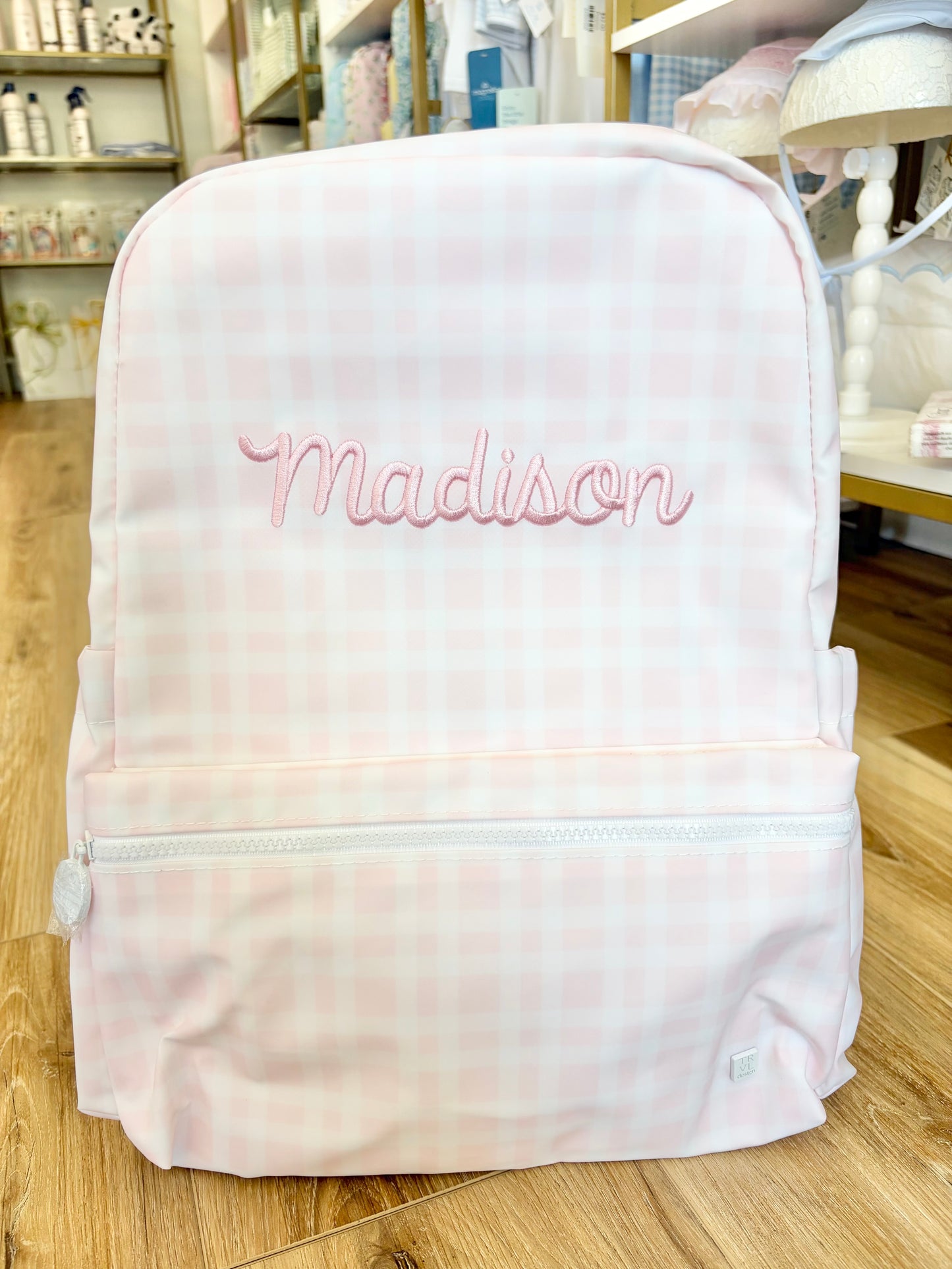 TRVL Pink Plaid Backpack with Always Font