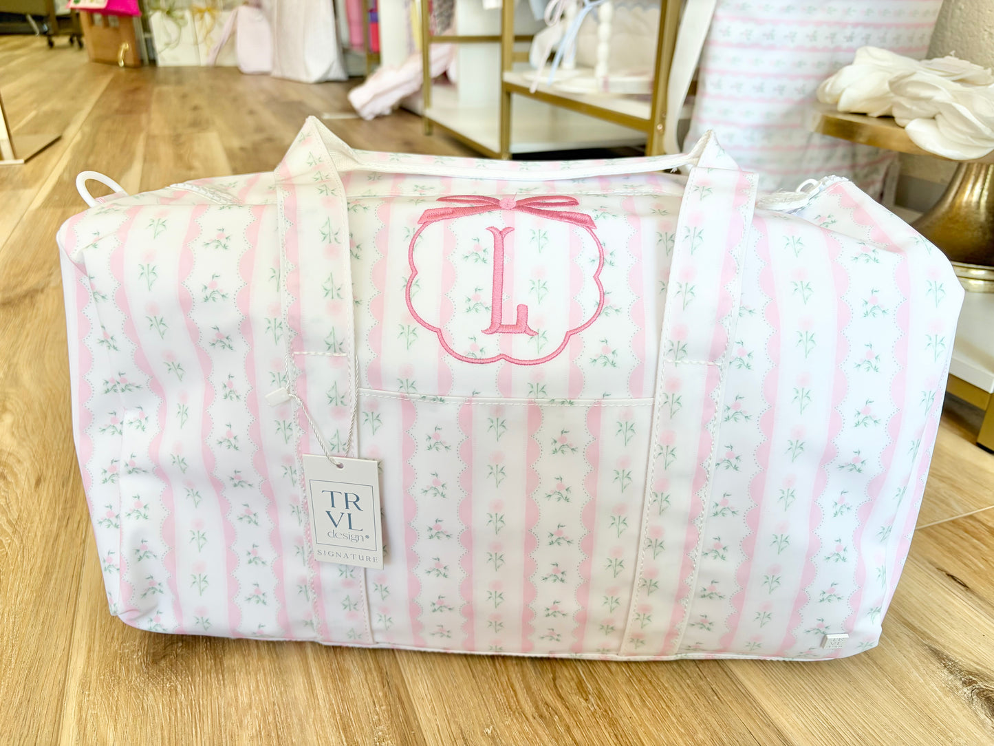 TRVL Pink Ribbon Floral Weekender Duffle with Bow Design