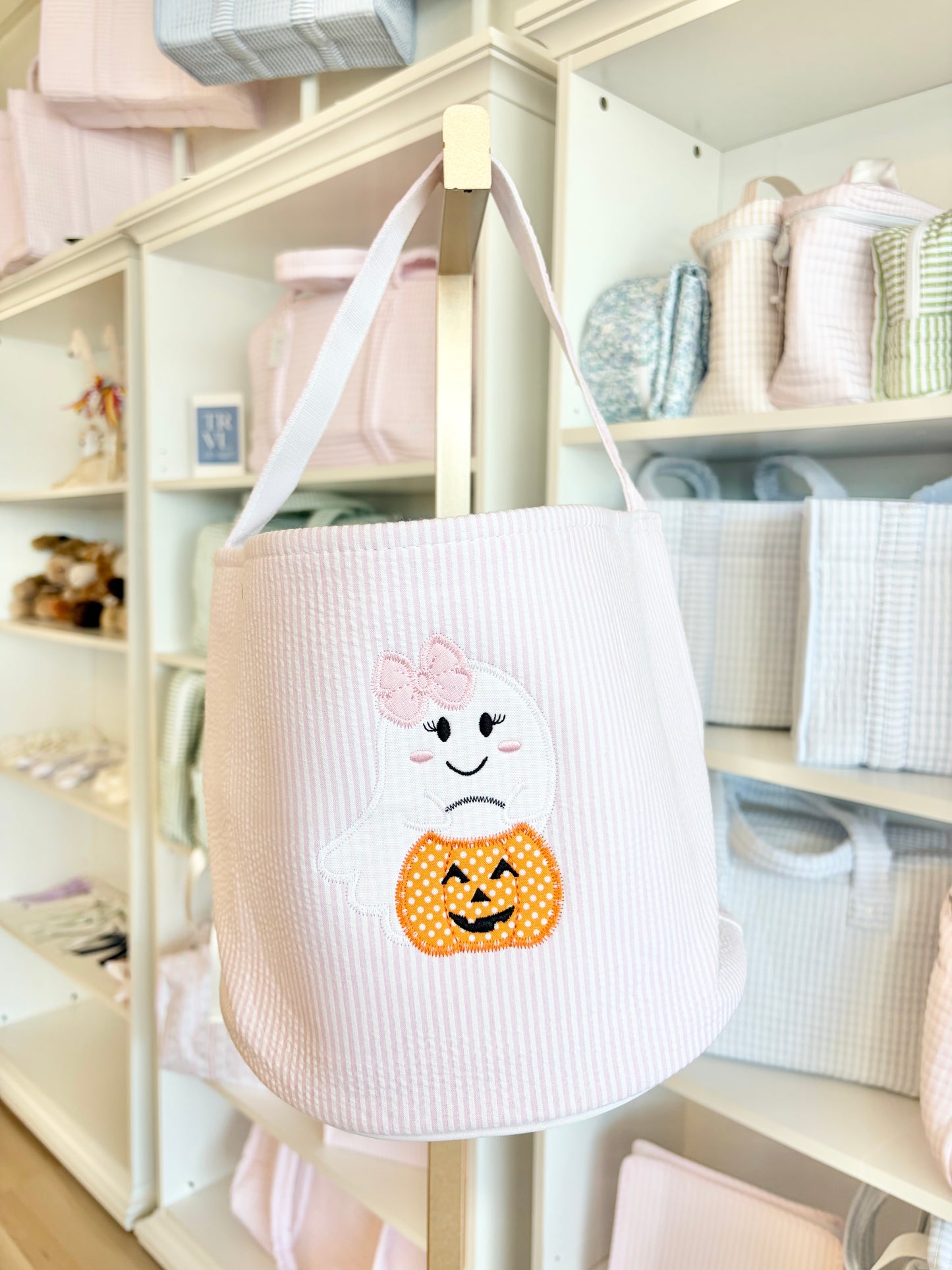 Pink Seersucker Halloween Applique Bucket