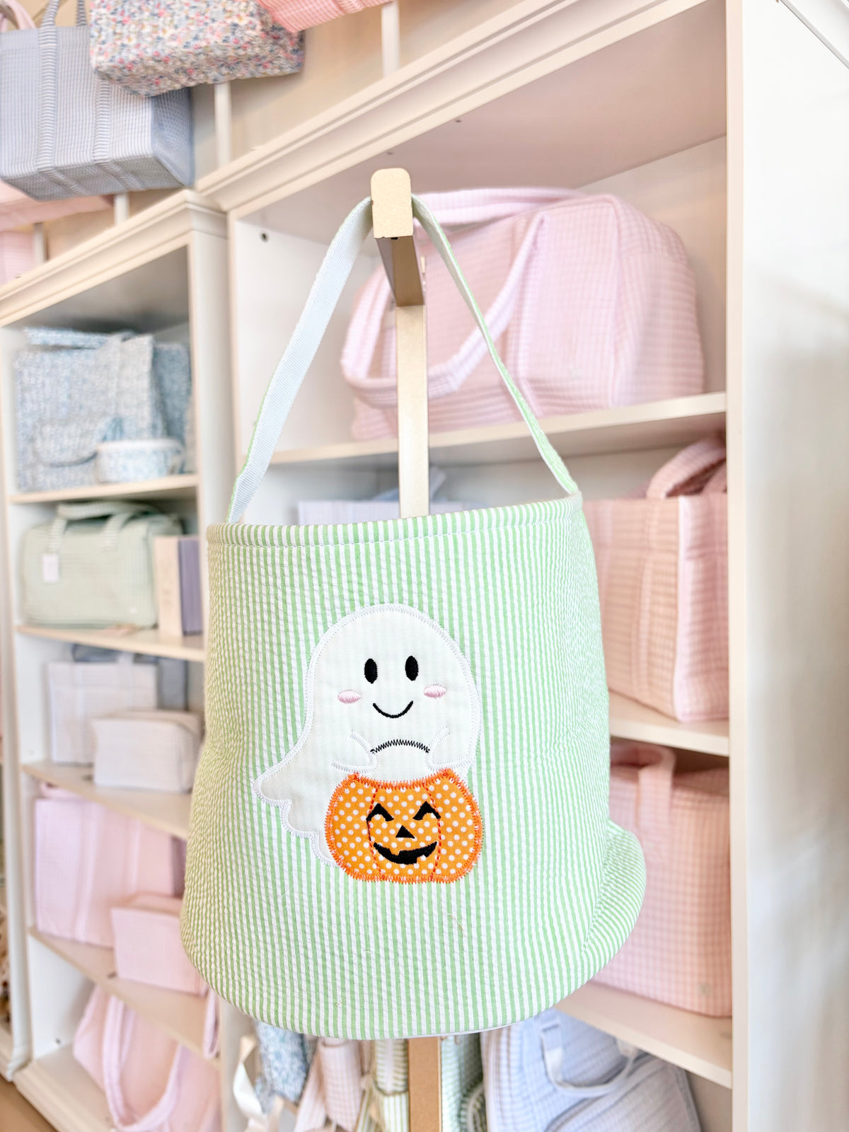 Green Seersucker Halloween Applique Bucket