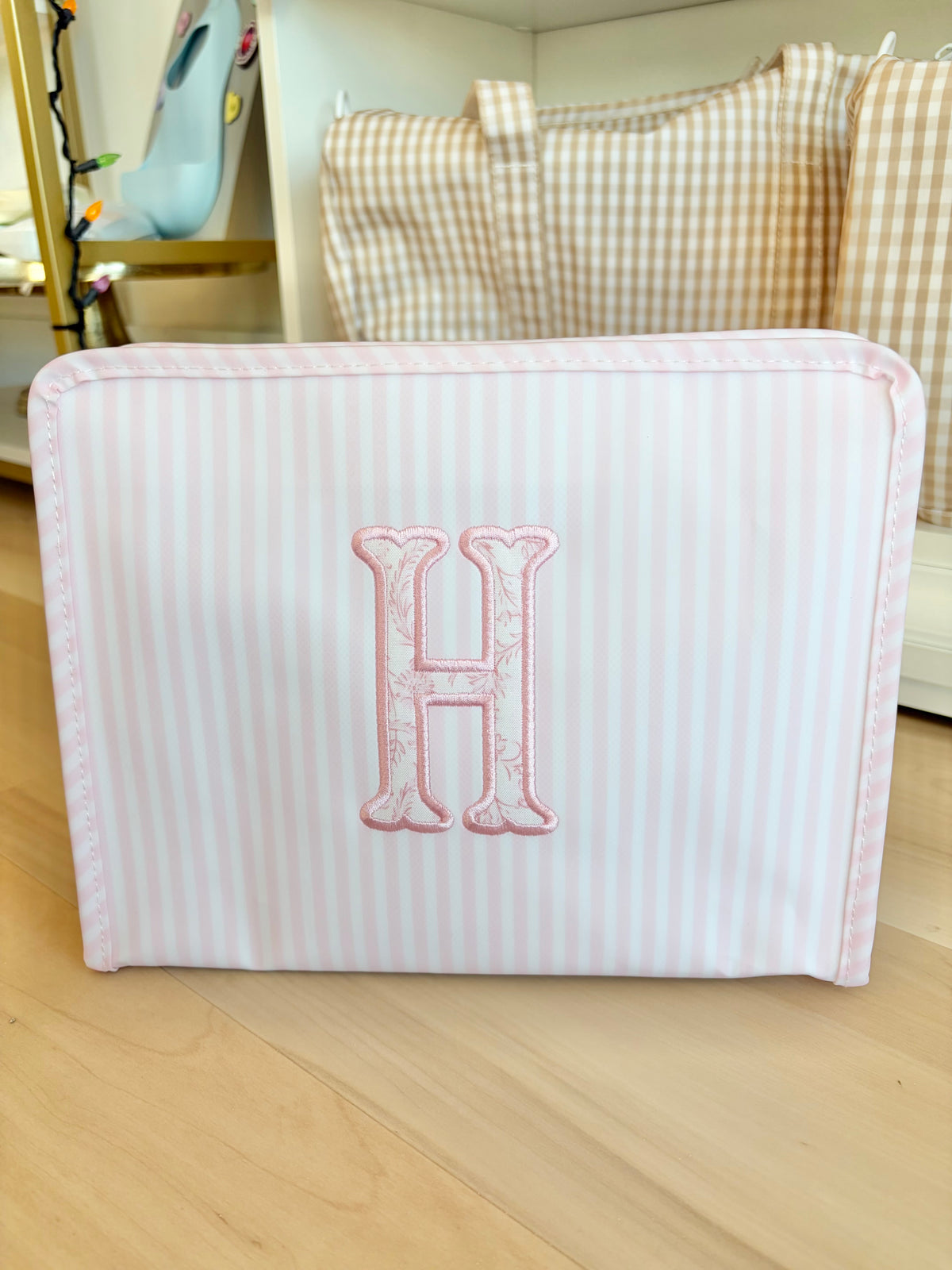 TRVL Pimlico Pink Stripe Large Roadie with Single Initial Applique