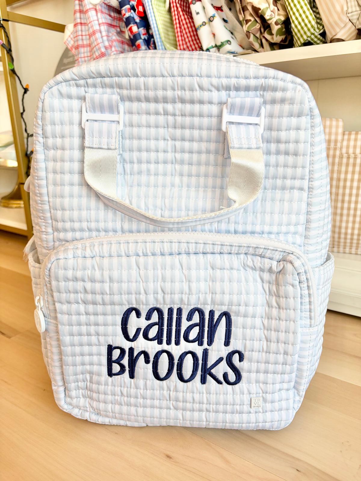 TRVL Blue Pimlico Stripe Quilted All You Need Bag- Double Carmel Font Name