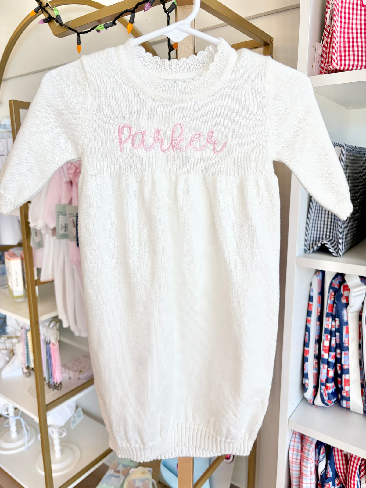 Scalloped Edge Cream Knit Gown- Bubbly Font