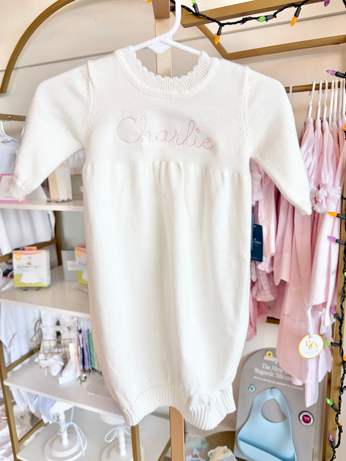 Scalloped Edge Cream Knit Gown- Beckham Font