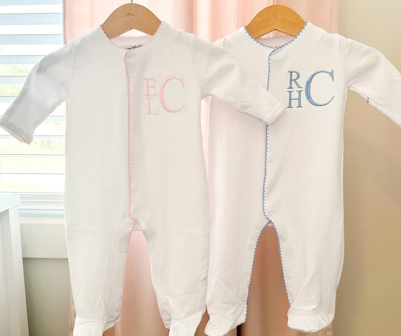 Pink Trim Baby Footie with Pink Stack Initials