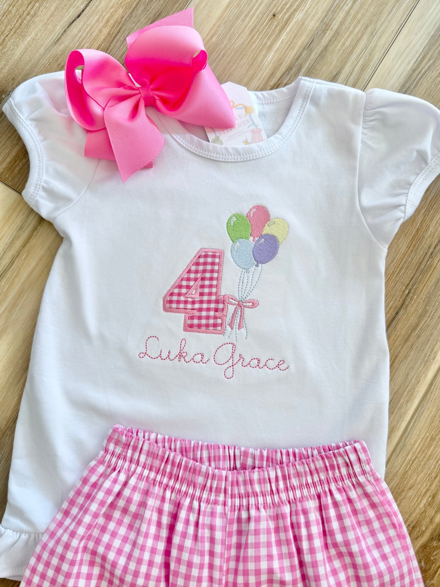 Pink Gingham Birthday Applique Balloon Tee- Short Sleeve