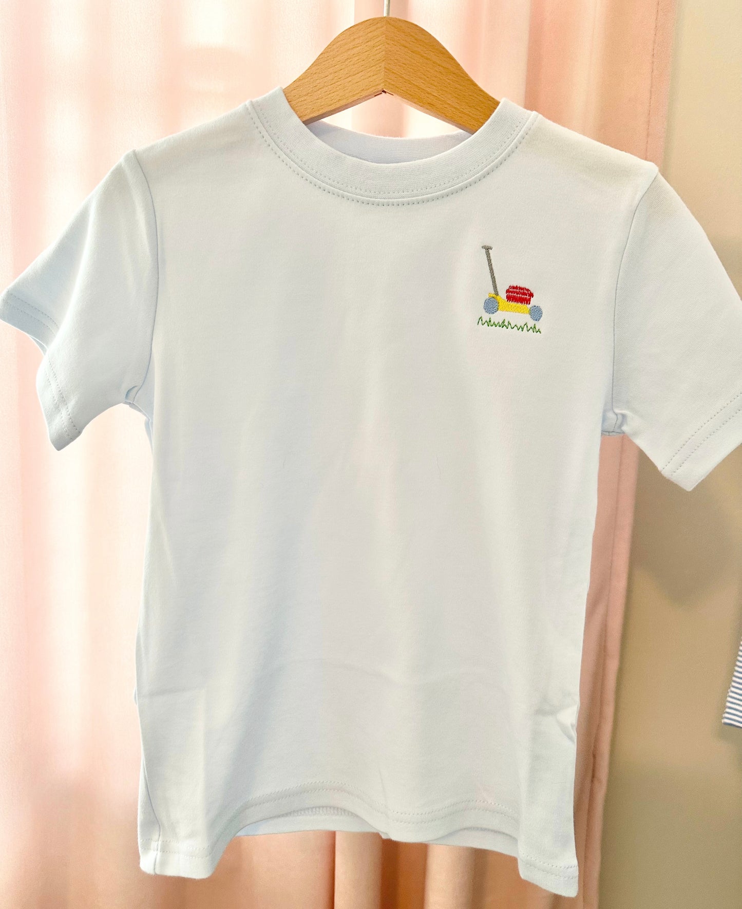 Mini Lawn Mower On Light Blue Tee