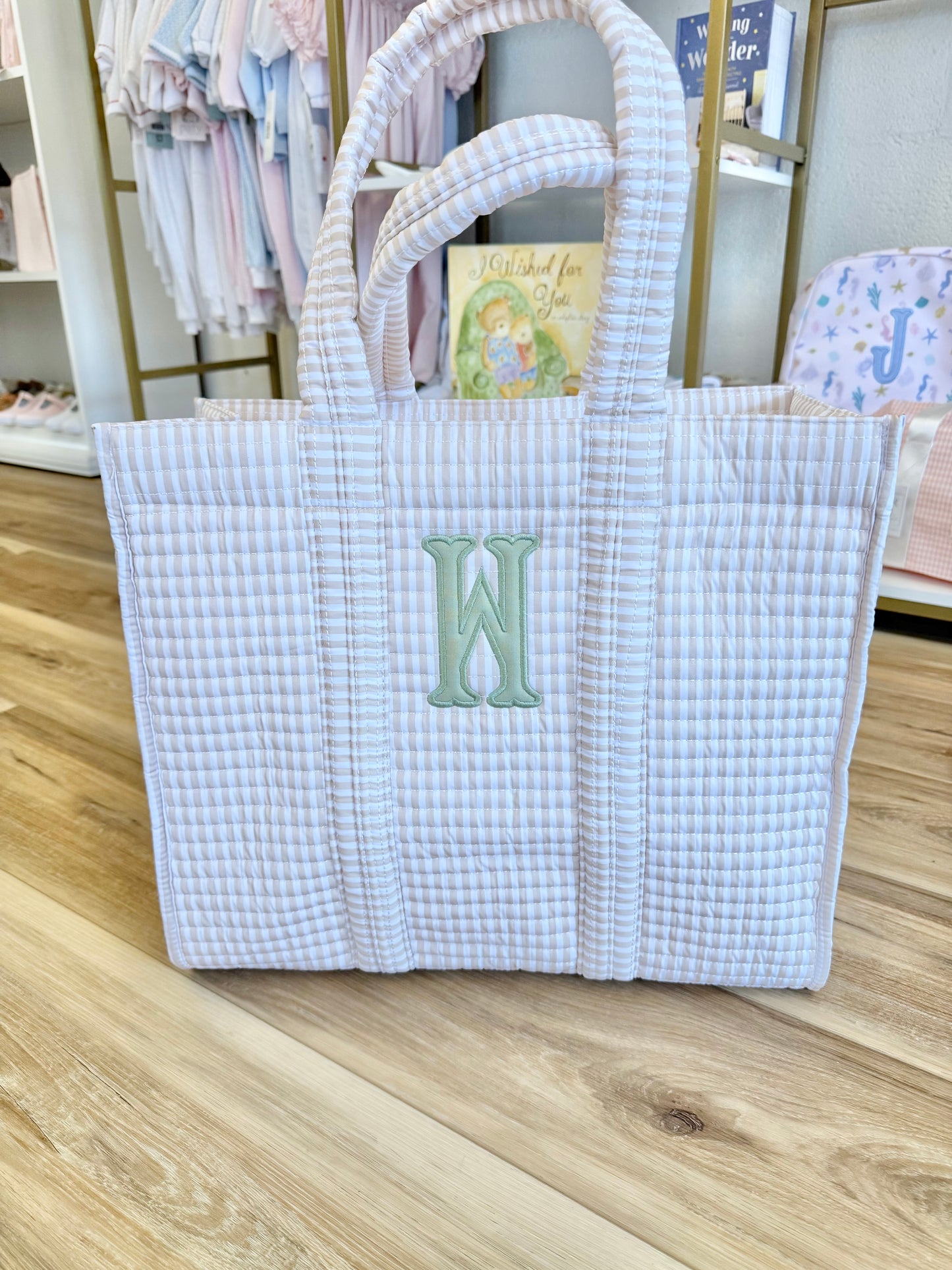 TRVL Sand Pimlico Stripe Quilted Tote- Single Initial Applique