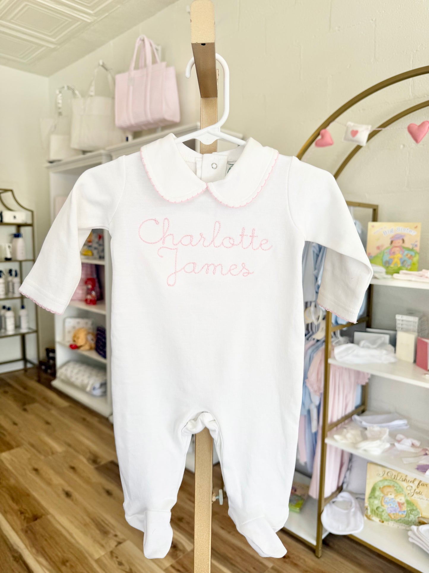 White with Pink Trim Collar Footie - Beckham Font Name