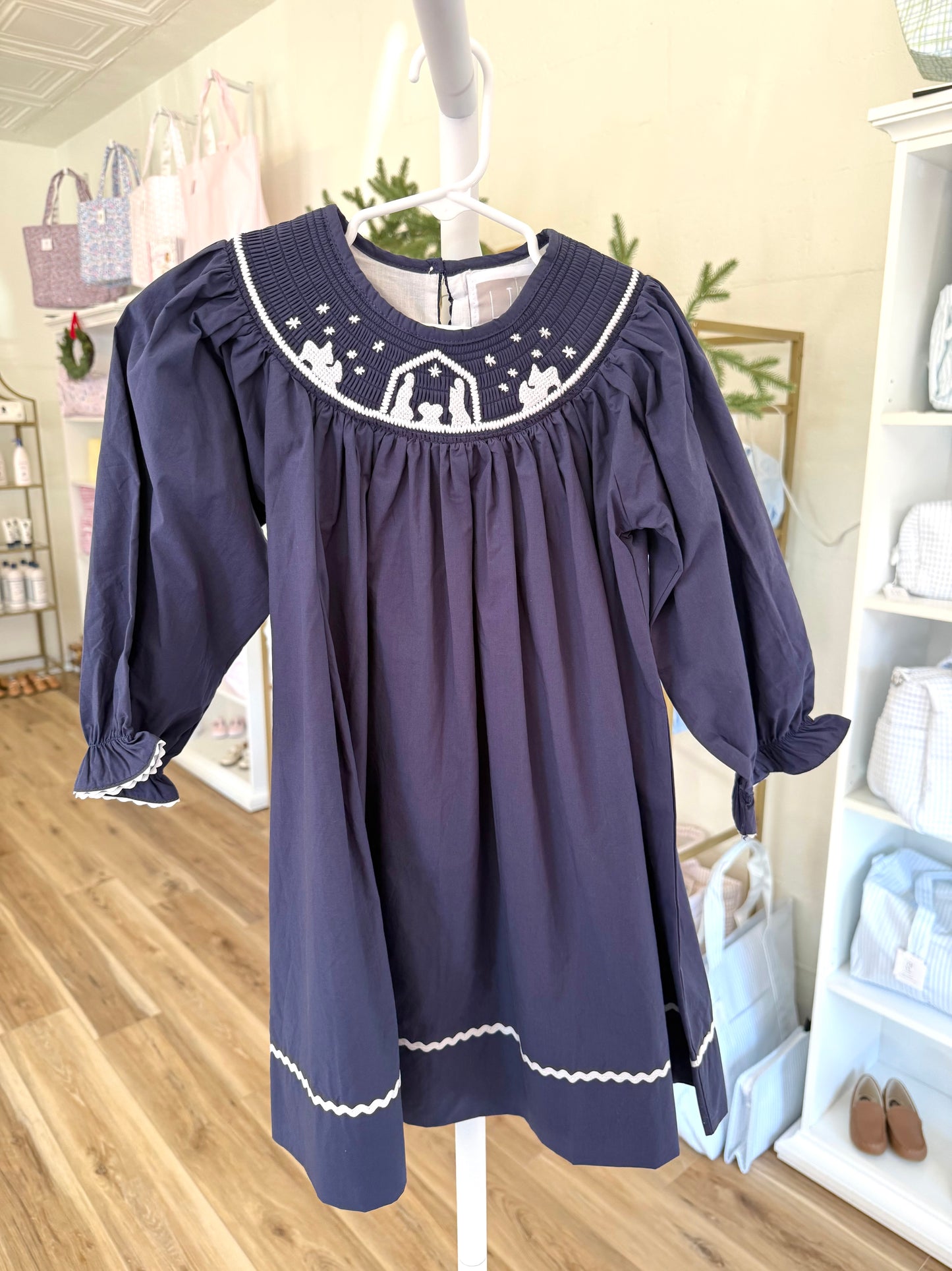 Navy Blue Nativity Long Sleeve Smocked Bishop Dress