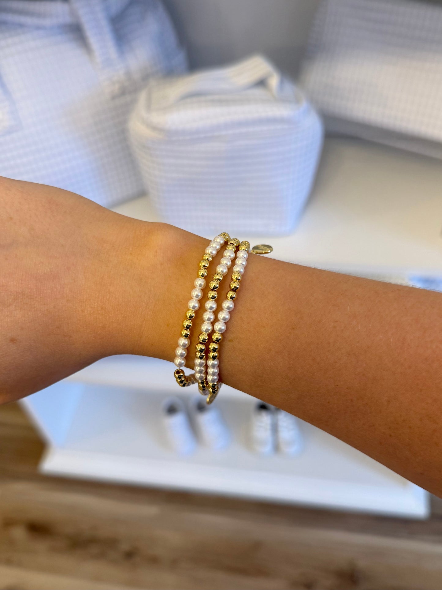 4MM Gold Beads with Pearl Bracelet - Size 6