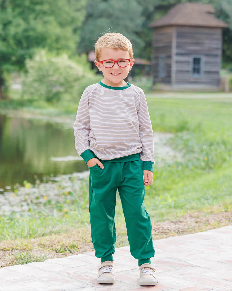 Connor Jogger Set- Tan Stripe/Hunter Green