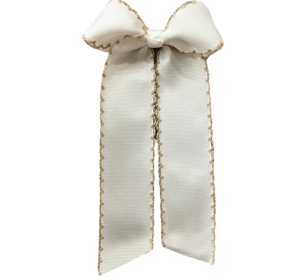 Long Tail White with Tan Trim Hair Embroidered Hair Bow