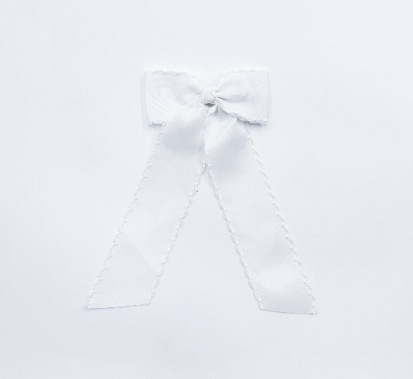 Long Tail White with White Trim Hair Embroidered Hair Bow