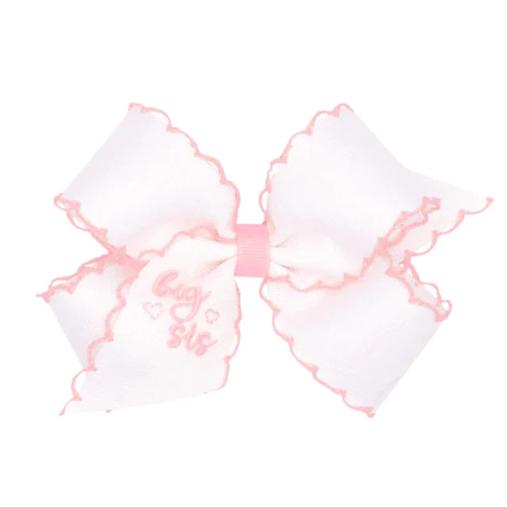 wee ones "Big Sis" Embroidered Grosgrain Hair Bow with Light Pink Moonstitch Edge