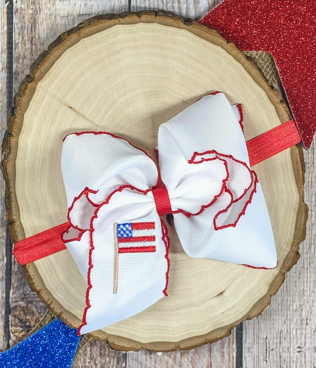 American Flag Embroidered Moonstitch Hair Bow Headband