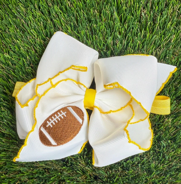 Yellow Football Embroidered Moonstitch Hair Bow with Clip