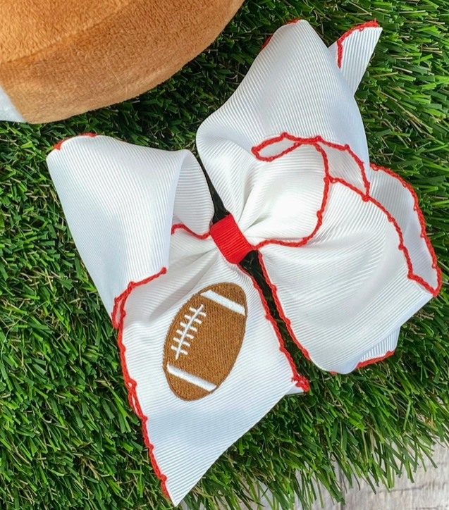 Red Football Embroidered Moonstitch Hair Bow with Clip
