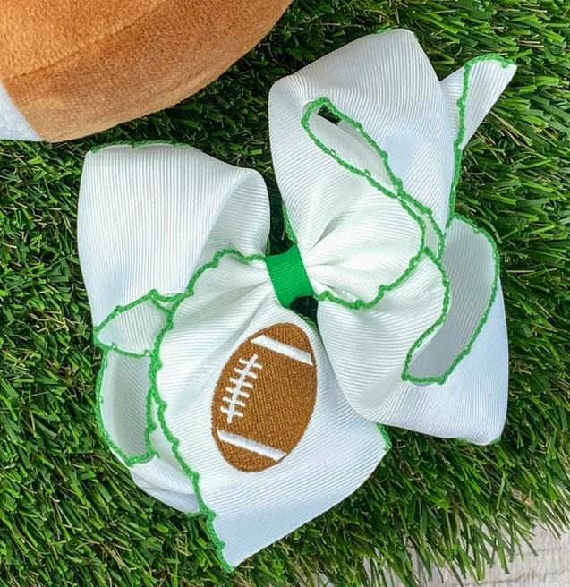 Green Football Embroidered Moonstitch Hair Bow with Clip