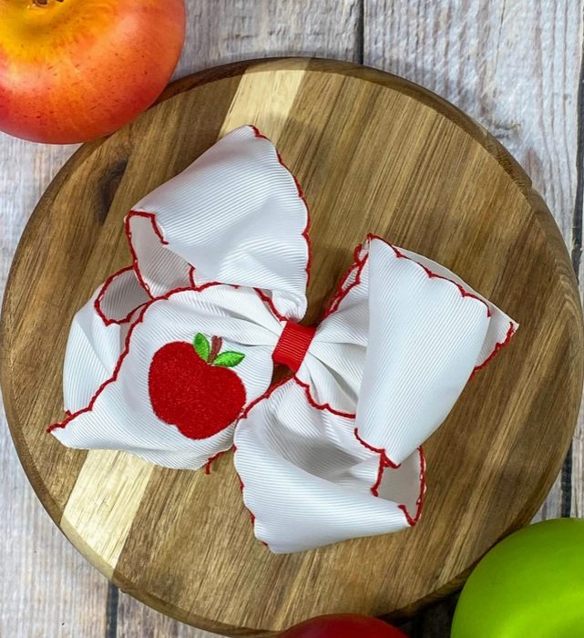 White Apple Embroidered Moonstitch Hair Bow with Clip