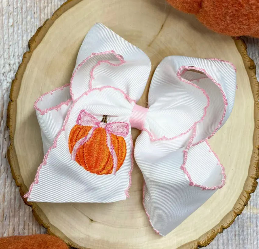 The Coquette Pumpkin Embroidered Moonstitch Hair Bow with Clip