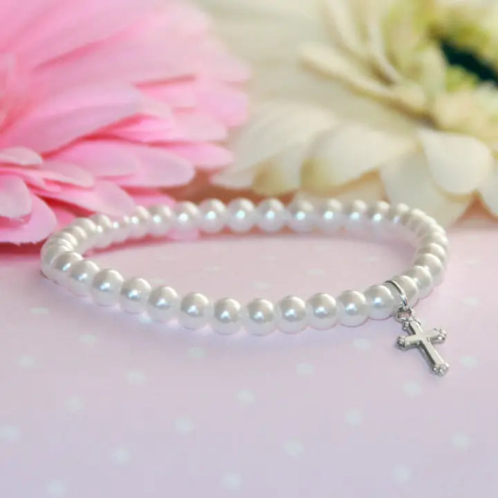 Rhodium Cross Pearl Stretchy 5" Bracelet