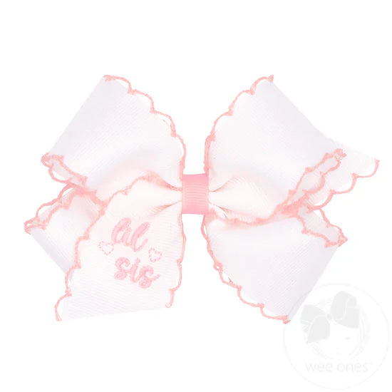 wee ones Medium "Big Sis" Embroidered Grosgrain Hair Bow with Light Pink Moonstitch Edge
