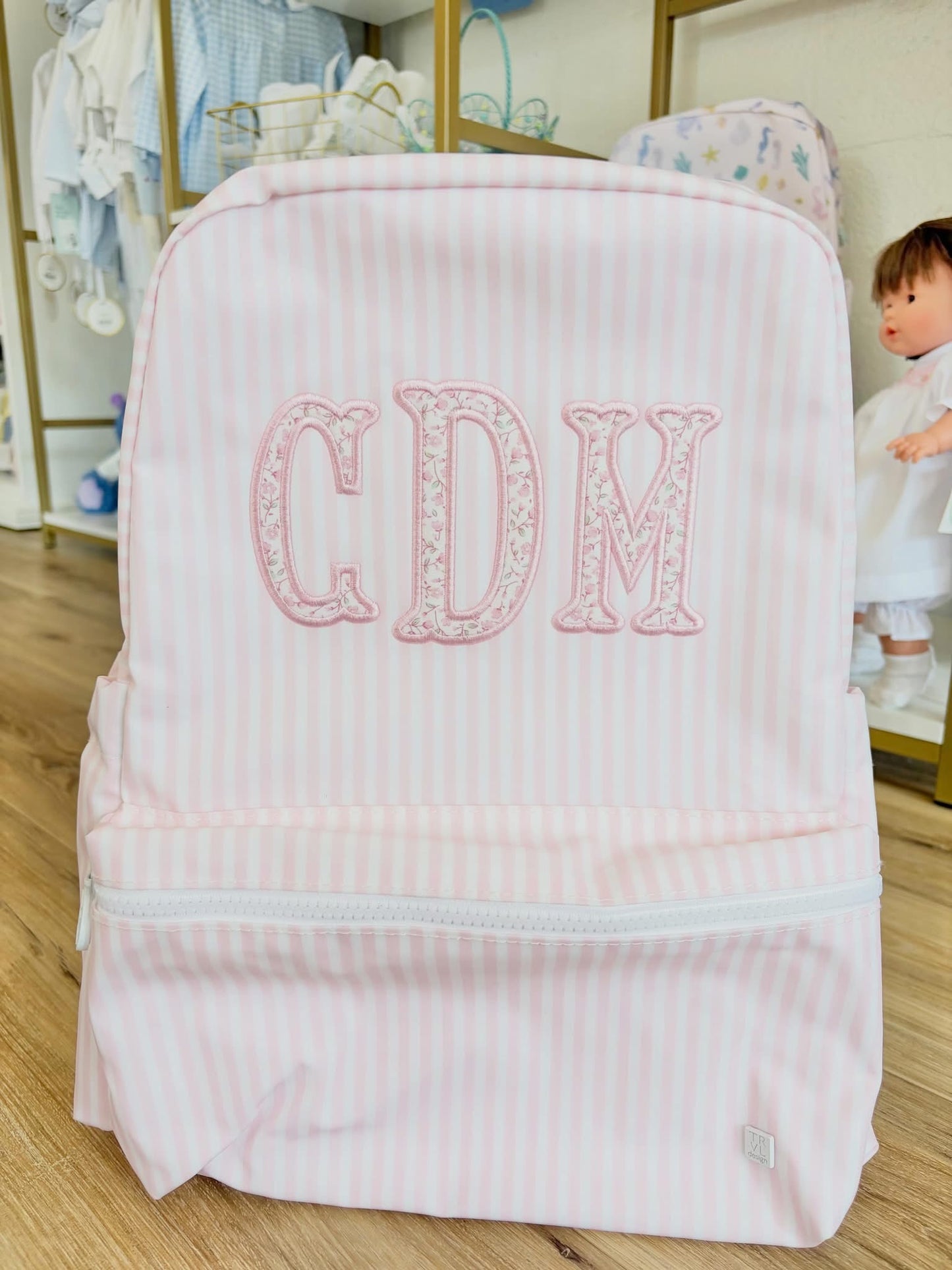 TRVL Pink Pimlico Stripe Backpack- 3 Applique Initials
