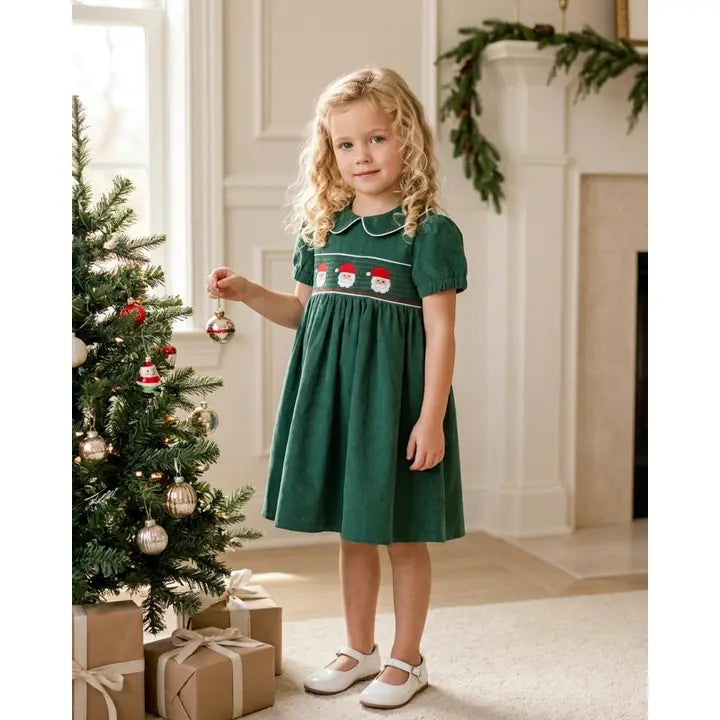 Green Corduroy Santa Smocked Dress