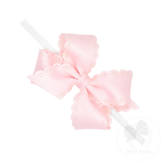 Wee Ones Small Light Pink Hair Bow with Embossed Eyelet Edge on White Nylon Band
