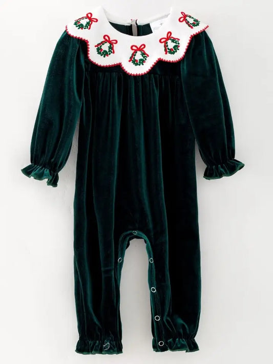 Green Velvet Christmas Wreath Collar Infant Bubble Romper