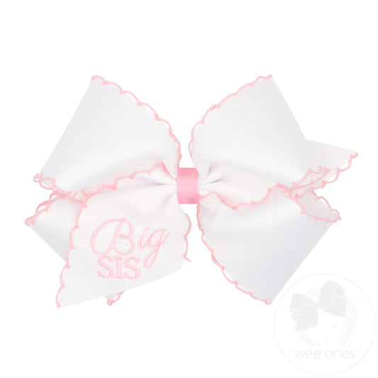 wee ones Hair Bow with Light Pink Moonstitch Edge and Big Sis Embroidery