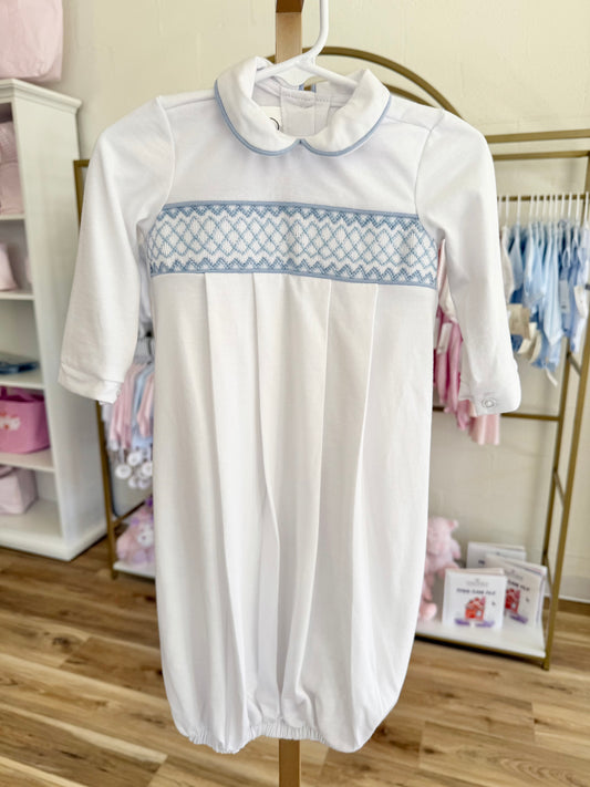 White and Blue Baby Smocked Gown