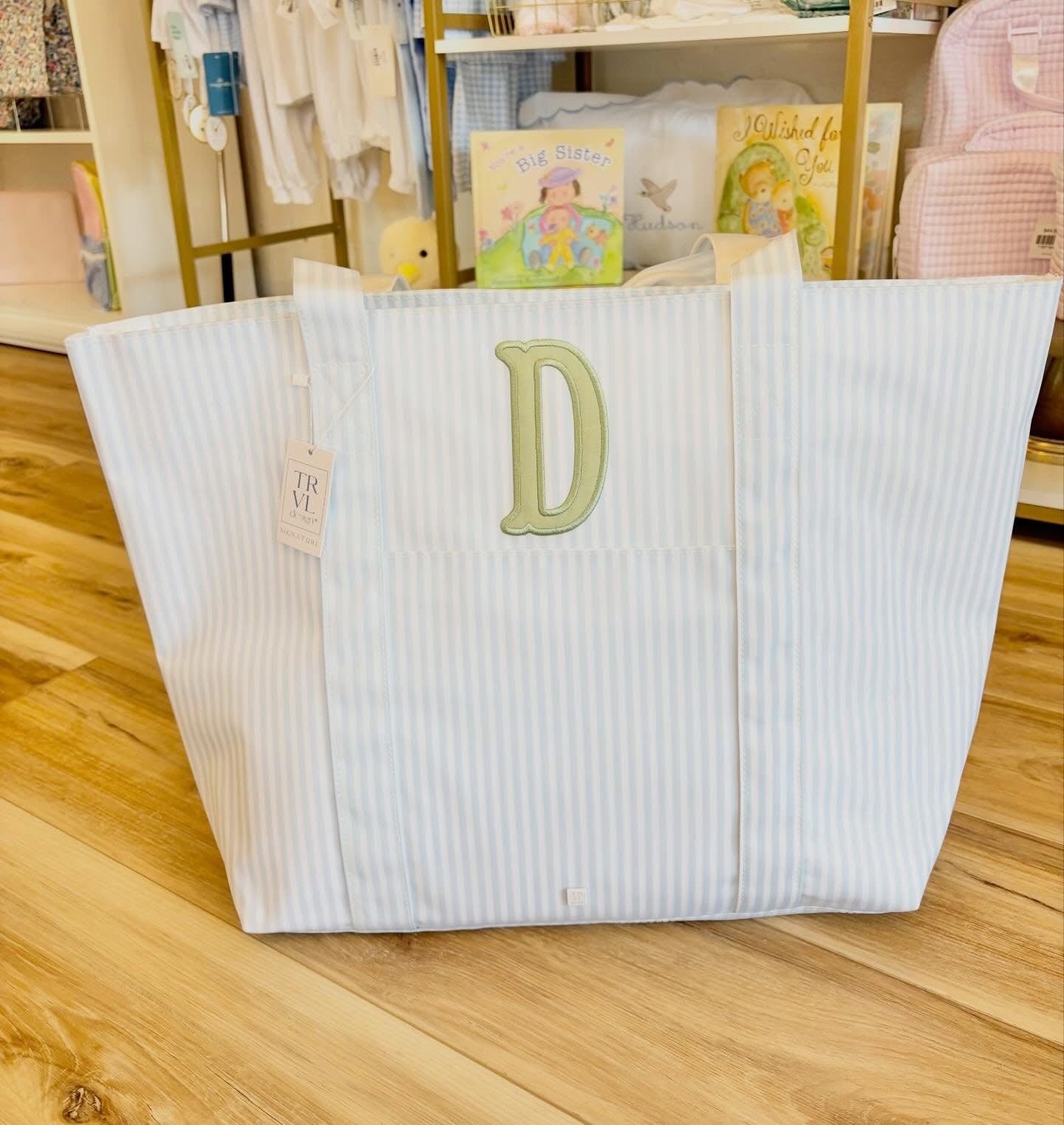 TRVL XL Blue Pimlico Stripe Tote- Single initial Appliqué