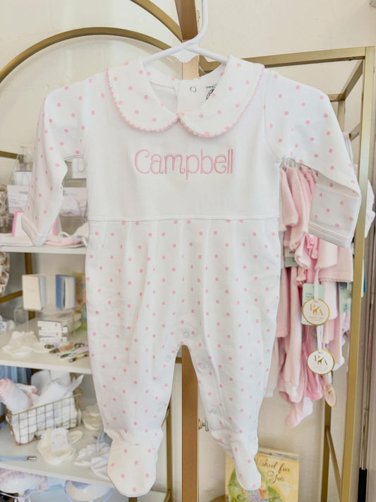Pink Dot Collar Footie - Maggie Font Name