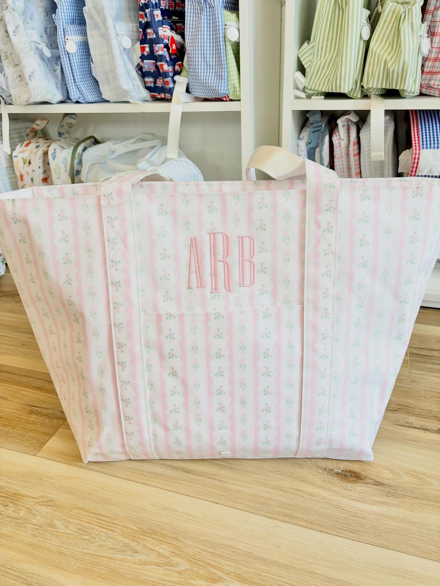 TRVL XL Pink Stripe Tote- Graved Monogram