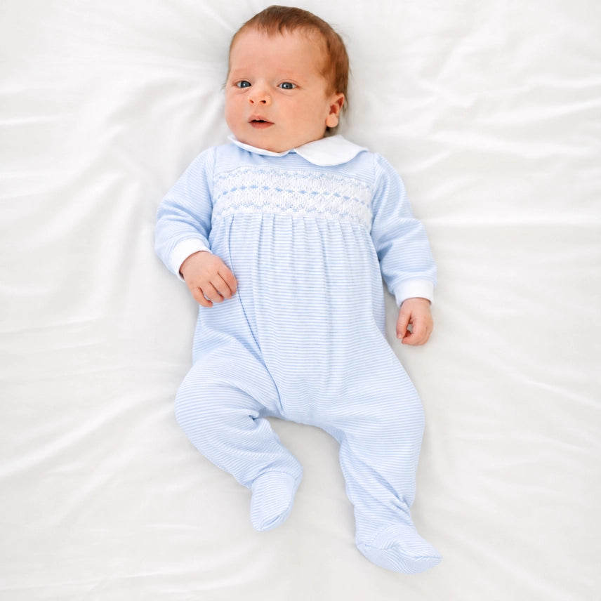 Benjamin Smocked Footie - Light Blue