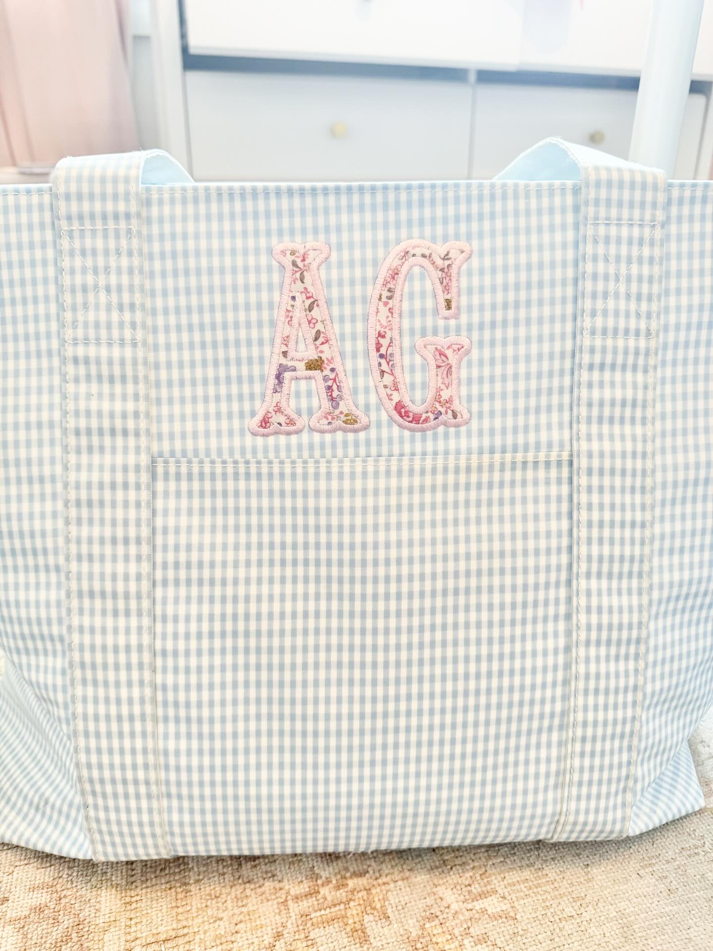 Gingham Mist Tote- Two Letter Pink Floral Appliqué