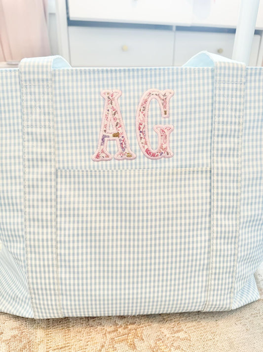 Gingham Mist Tote- Two Letter Pink Floral Appliqué