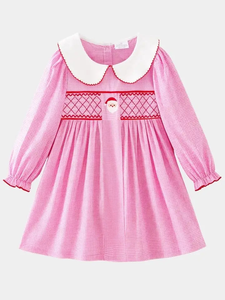 Pink Gingham Smocked Santa Dress