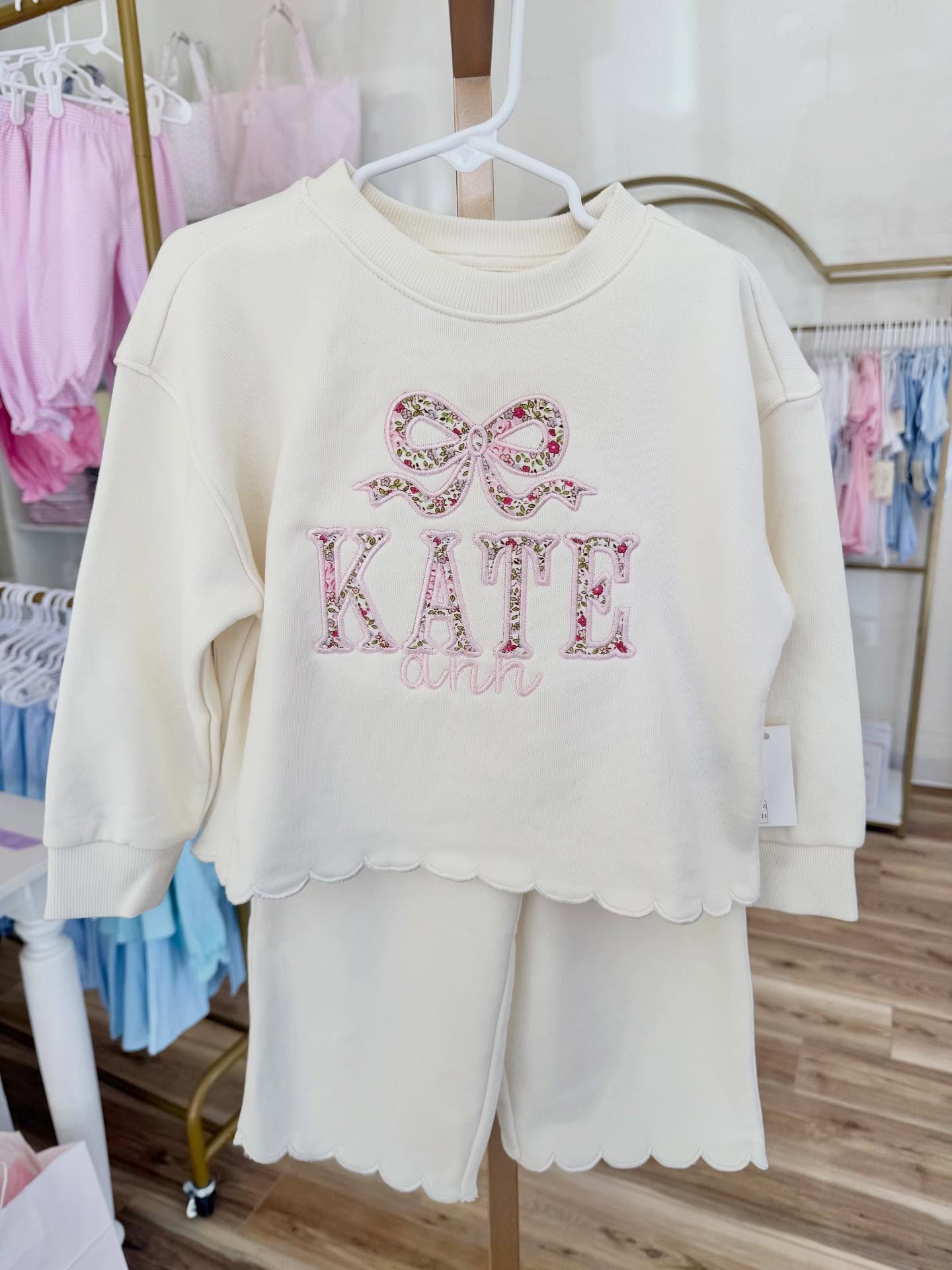 Cream Applique Scallop Pants Set