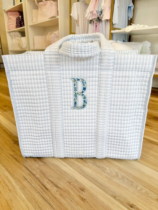 TRVL Blue Stripe Quilted Tote- single applique initial